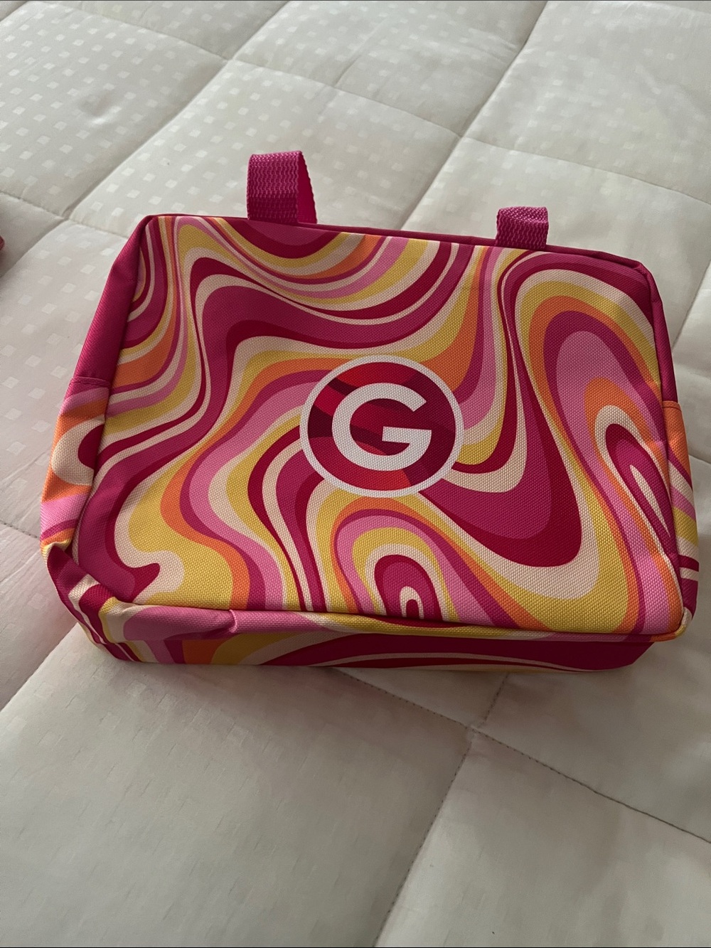 G Logo Pink Swirl Cosmetic Bag with Top Handles